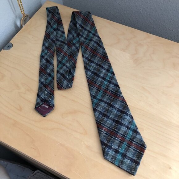 Vintage Roxburgh Melrose Mens Wool Plaid Necktie Brown Tan Made in Scotland Tie - Picture 2 of 6